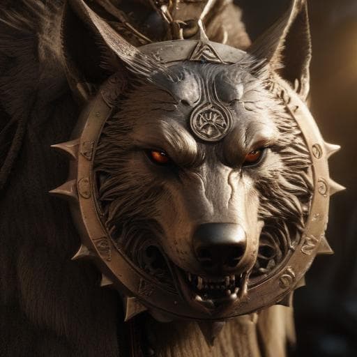 Show me a medallion of an angry wolf's head with a sun in the background and runes alongside the sun and the wolf has an eyepatch. The whole thing has a viking aesthetic and is round like a medal. hyperrealistic, full body, detailed clothing, highly detailed, cinematic lighting, stunningly beautiful, intricate, sharp focus, f/1. 8, 85mm, (centered image composition), (professionally color graded), ((bright soft diffused light)), volumetric fog, trending on instagram, trending on tumblr, HDR 4K, 8K