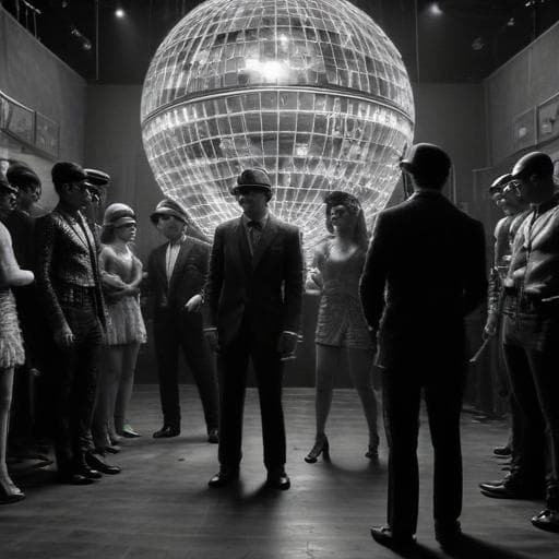 A Fear and Loathing in Las Vegas-style black and white ink drawing of a former Nazi mind control doctor mesmerizing a group of dancers under a disco ball with the caption "City of London" underneath. hyperrealistic, full body, detailed clothing, highly detailed, cinematic lighting, stunningly beautiful, intricate, sharp focus, f/1. 8, 85mm, (centered image composition), (professionally color graded), ((bright soft diffused light)), volumetric fog, trending on instagram, trending on tumblr, HDR 4K, 8K