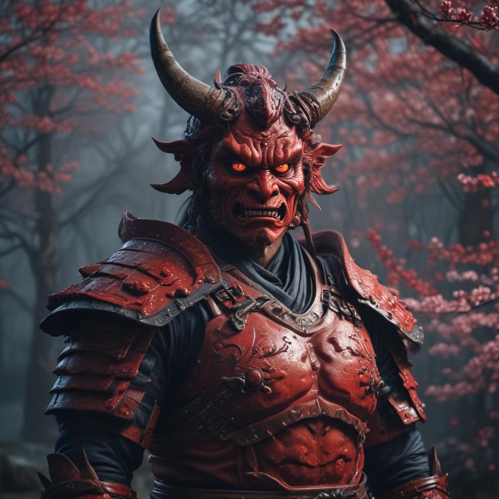 ((masterpiece)),(((best quality))), 8k, high detailed, ultra detailed, (a fierce oni), ((red skin)), glaring, (traditional japanese armor), surrounded by (swirling mist), (full moon in the background), ominous shadows, (cherry blossom trees), night lighting hyperrealistic, full body, detailed clothing, highly detailed, cinematic lighting, stunningly beautiful, intricate, sharp focus, f/1. 8, 85mm, (centered image composition), (professionally color graded), ((bright soft diffused light)), volumetric fog, trending on instagram, trending on tumblr, HDR 4K, 8K