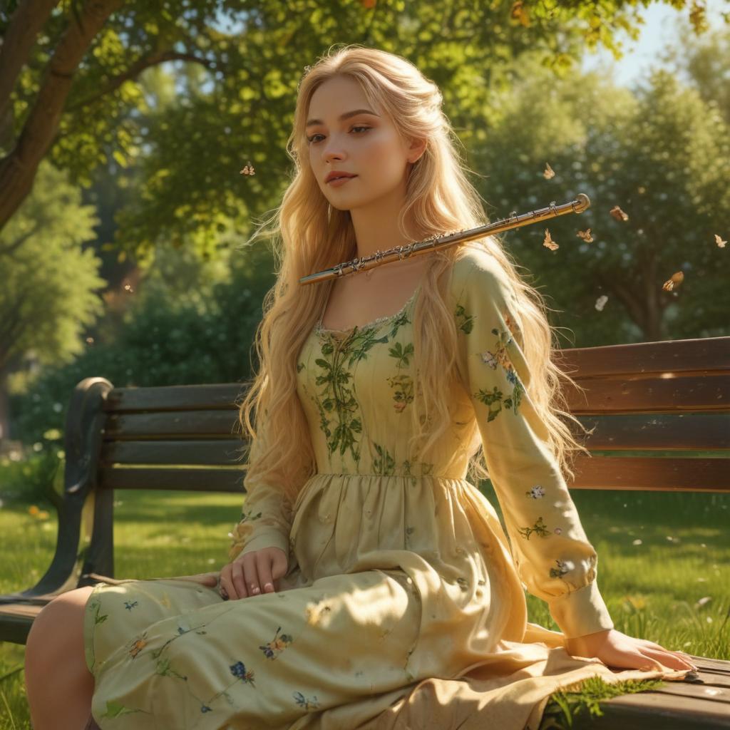 ((masterpiece)),(((best quality))), 8k, high detailed, ultra detailed, a young woman with a flute, ((long blonde hair)), sitting on a park bench, (lush green grass), (dappled light through leaves), butterflies fluttering nearby, light summer breeze, warm colors hyperrealistic, full body, detailed clothing, highly detailed, cinematic lighting, stunningly beautiful, intricate, sharp focus, f/1. 8, 85mm, (centered image composition), (professionally color graded), ((bright soft diffused light)), volumetric fog, trending on instagram, trending on tumblr, HDR 4K, 8K