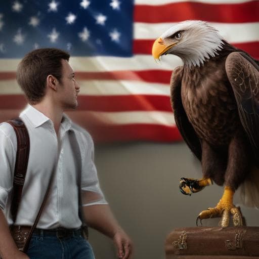 Take a picture of a man with a briefcase talking to an An eagle that is the color of the U.S. flag hyperrealistic, full body, detailed clothing, highly detailed, cinematic lighting, stunningly beautiful, intricate, sharp focus, f/1. 8, 85mm, (centered image composition), (professionally color graded), ((bright soft diffused light)), volumetric fog, trending on instagram, trending on tumblr, HDR 4K, 8K