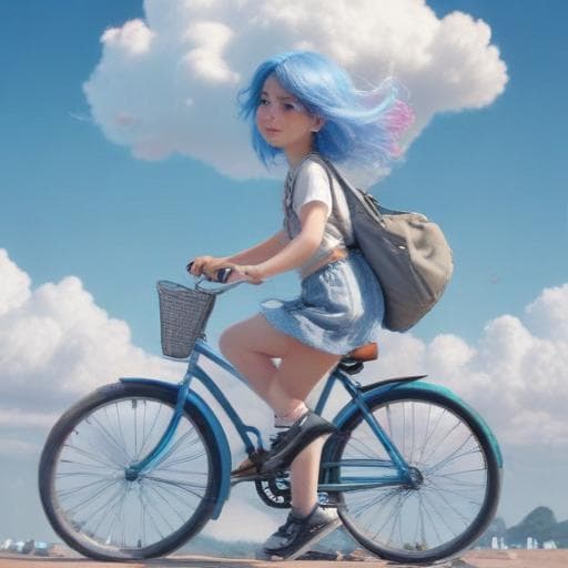 เด็กผู้หญิงผมสีน้ำเงินกำลังปั่นจักรยานอยู่บนก้อนเมฆ A blue-haired girl is riding a bicycle on a cloud.