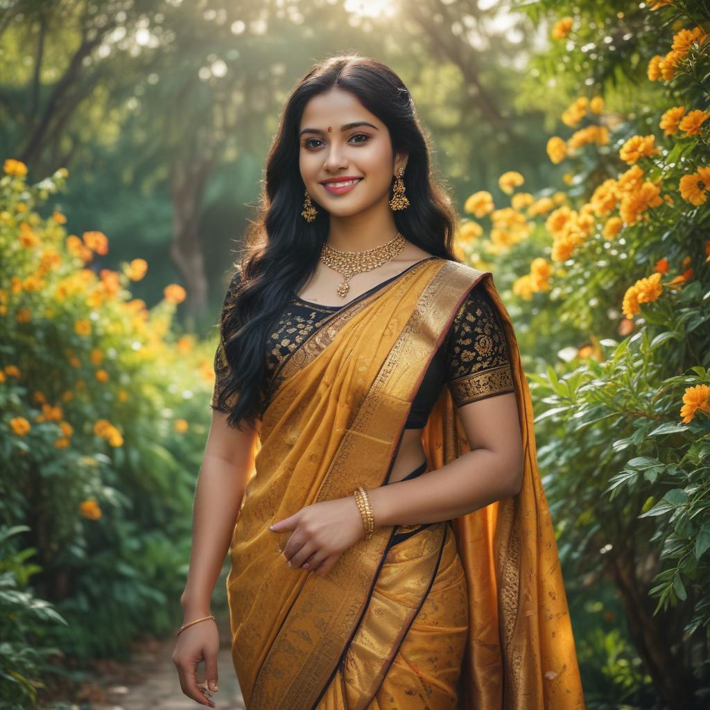 ((masterpiece)),(((best quality))), 8k, high detailed, ultra detailed, a super cute fit curvy natural beautiful south indian telugu young successful woman, ((bright smile)), (long black hair), wearing a traditional saree, (golden jewelry), standing in a vibrant garden filled with colorful flowers, soft sunlight filtering through the trees hyperrealistic, full body, detailed clothing, highly detailed, cinematic lighting, stunningly beautiful, intricate, sharp focus, f/1. 8, 85mm, (centered image composition), (professionally color graded), ((bright soft diffused light)), volumetric fog, trending on instagram, trending on tumblr, HDR 4K, 8K