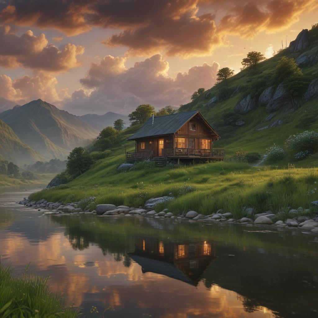 ((masterpiece)),(((best quality))), 8k, high detailed, ultra detailed, a serene landscape, ((lush green hills)), (a winding river), (clouds reflecting the sunset), (a small cabin by the water), (birds soaring in the sky) hyperrealistic, full body, detailed clothing, highly detailed, cinematic lighting, stunningly beautiful, intricate, sharp focus, f/1. 8, 85mm, (centered image composition), (professionally color graded), ((bright soft diffused light)), volumetric fog, trending on instagram, trending on tumblr, HDR 4K, 8K