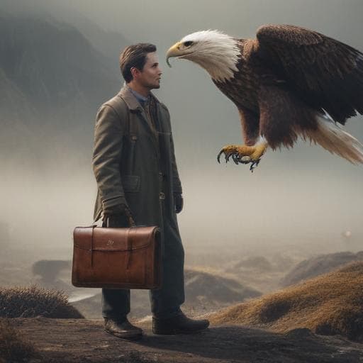 Take a picture of a man with a briefcase talking to an eagle. hyperrealistic, full body, detailed clothing, highly detailed, cinematic lighting, stunningly beautiful, intricate, sharp focus, f/1. 8, 85mm, (centered image composition), (professionally color graded), ((bright soft diffused light)), volumetric fog, trending on instagram, trending on tumblr, HDR 4K, 8K