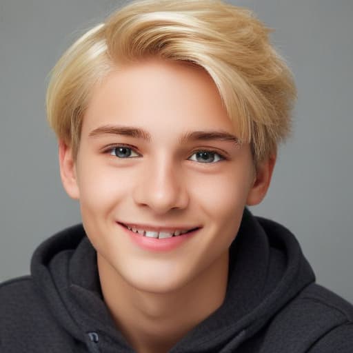 Create an image of a Blond 14 year old boy with darkish brown eyes with a Lithuanian nose not blushing but smiling