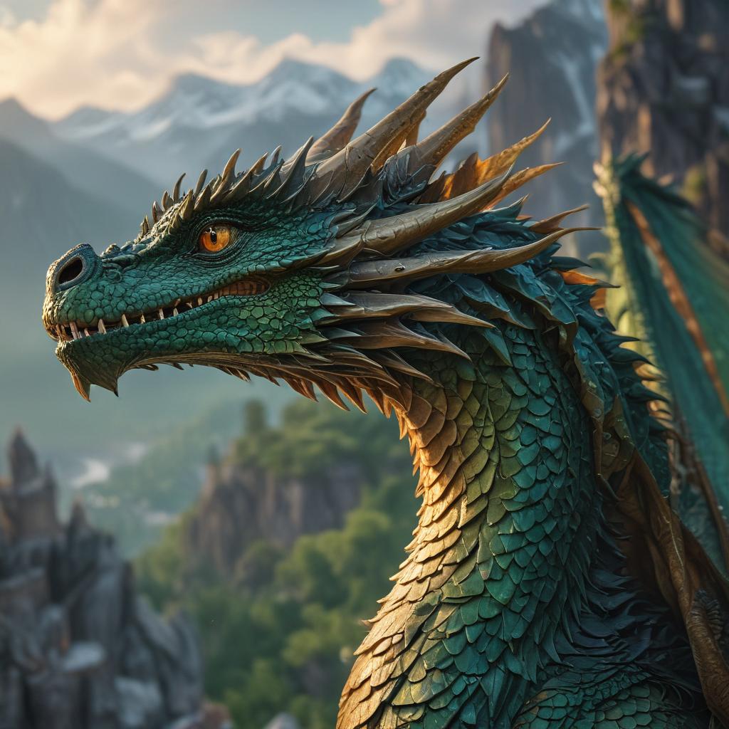 ((masterpiece)),(((best quality))), 8k, high detailed, ultra detailed, (a majestic dragon), ((scales shimmering in shades of emerald and gold)), soaring through a vibrant sky, (mountains in the background), (radiant sun casting golden rays), fluffy clouds surrounding its wings, a sense of motion and power hyperrealistic, full body, detailed clothing, highly detailed, cinematic lighting, stunningly beautiful, intricate, sharp focus, f/1. 8, 85mm, (centered image composition), (professionally color graded), ((bright soft diffused light)), volumetric fog, trending on instagram, trending on tumblr, HDR 4K, 8K