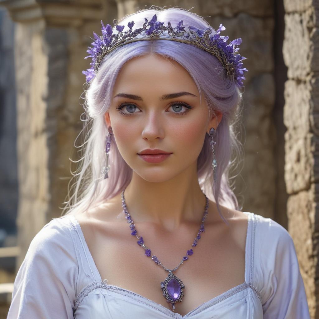 A highly detailed and mature princess standing tall in the center of an ancient, dark square within the ruins of a once-magnificent civilization. Her long, lavender colored hair cascades in a layered waterfall style, tied back with a pristine white ribbon that accentuates the elegance of her highly detailed face, which boasts high cheekbones and a shy smile. Her detailed piercing blue eyes sparkle with the confidence of a warrior, despite her delicate and feminine demeanor. A silver circlet adorned with a solitary lavender gem graces her forehead, hinting at her royal lineage. The princess is dressed in a form-fitting white tunic with lavender accents, which complements her ample figure, particularly emphasizing her enormous breasts. A lave