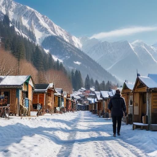 A slim young in a stylish black winter jacket standing on a snow-covered hill in Kashmir, surrounded by pine trees and distant snow-capped mountains under a clear blue sky. A slim dressed in a warm black jacket, standing beside a frozen lake in Kashmir, with snowflakes gently falling and a serene forest in the distance. A young in a black winter jacket, a sled in the snow-covered valleys of Kashmir, with a cheerful smile and scenic mountains behind him. A slim young in a black winter jacket walking through a lively Kashmir market, with snow-covered rooftops, colorful stalls, and people in traditional attire bustling around.