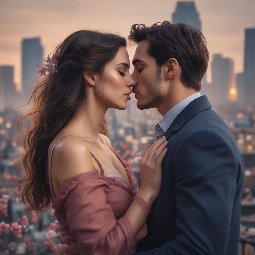 ((masterpiece)),(((best quality))), 8k, high detailed, ultra detailed, a man kissing a woman, ((passionate embrace)), (romantic setting), (soft lighting), (flower petals falling), (dimly lit surroundings), (elegant clothing), (city skyline in the background) hyperrealistic, full body, detailed clothing, highly detailed, cinematic lighting, stunningly beautiful, intricate, sharp focus, f/1. 8, 85mm, (centered image composition), (professionally color graded), ((bright soft diffused light)), volumetric fog, trending on instagram, trending on tumblr, HDR 4K, 8K