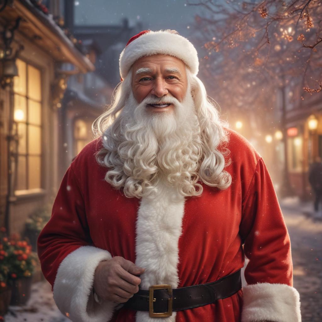 ((masterpiece)),(((best quality))), 8k, high detailed, ultra detailed, (handsome santa claus), wearing a stylish red suit, (smiling cheerfully), (snowflakes falling around), (festive decorations in the background), warm golden light hyperrealistic, full body, detailed clothing, highly detailed, cinematic lighting, stunningly beautiful, intricate, sharp focus, f/1. 8, 85mm, (centered image composition), (professionally color graded), ((bright soft diffused light)), volumetric fog, trending on instagram, trending on tumblr, HDR 4K, 8K