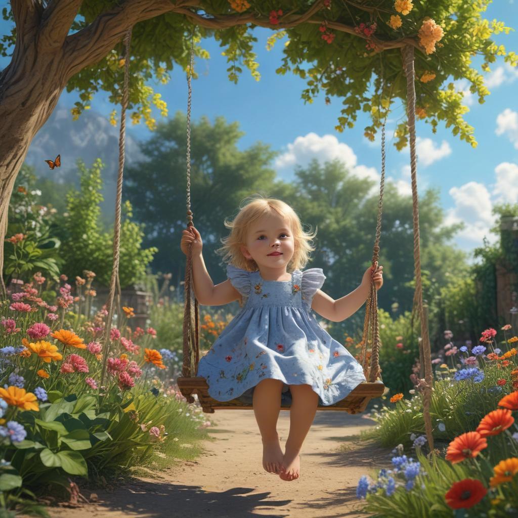 ((masterpiece)),(((best quality))), 8k, high detailed, ultra detailed, a small child playing in a garden, ((colorful flowers)), (butterflies fluttering around), (sunlight filtering through leaves), a small wooden swing, (blue sky with fluffy clouds), joy and innocence hyperrealistic, full body, detailed clothing, highly detailed, cinematic lighting, stunningly beautiful, intricate, sharp focus, f/1. 8, 85mm, (centered image composition), (professionally color graded), ((bright soft diffused light)), volumetric fog, trending on instagram, trending on tumblr, HDR 4K, 8K