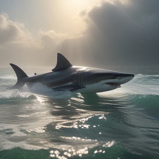 A sailor in a striped suit rides a shark on the sea, the sun is shining and big waves in the background, a realistic photo in the style of unreal engine 5 hyperrealistic, full body, detailed clothing, highly detailed, cinematic lighting, stunningly beautiful, intricate, sharp focus, f/1. 8, 85mm, (centered image composition), (professionally color graded), ((bright soft diffused light)), volumetric fog, trending on instagram, trending on tumblr, HDR 4K, 8K