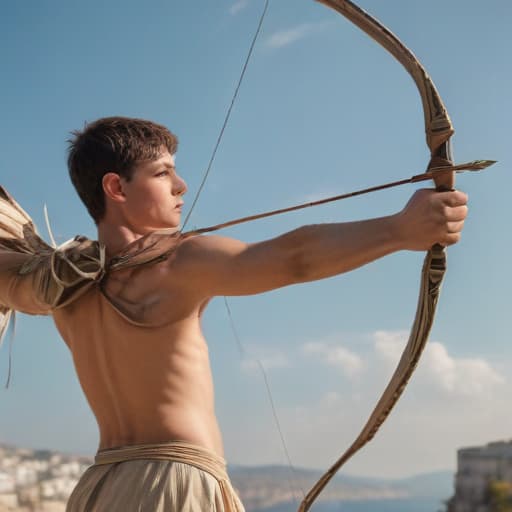 A young age slender male with wings wearing only an diaper shooting a bow and arrow against the backdrop of a clear sky afternoon in ancient Greece