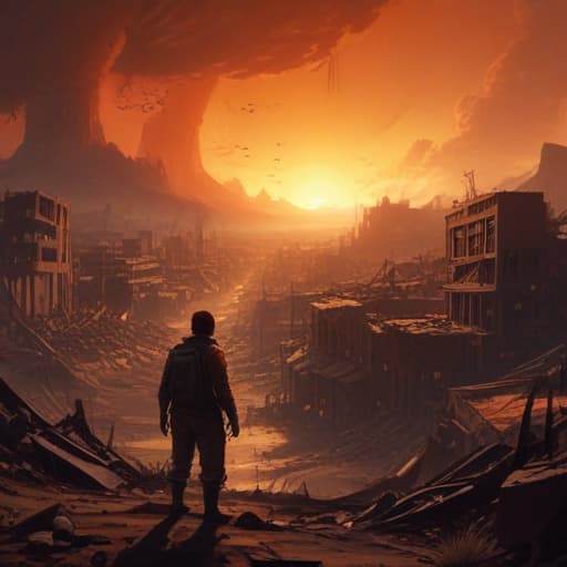 In a post-apocalyptic world, towering skyscrapers crumble as the ground splits beneath them. The earth cracks open, revealing molten lava seeping through the crevices. Dust and debris fill the air, obscuring the once bustling cityscape. A lone figure stands amidst the chaos, their expression stoic and determined as they brace themselves against the powerful force of nature. The scene is illuminated by a fiery glow, casting long shadows across the desolate landscape. The sheer power of the earthquake is palpable, as buildings sway and crumble in the background. The earth itself seems to tremble under the weight of the disaster, a reminder of nature's unstoppable force. fantastical creatures or characters inspired by mythology, folklore, or p