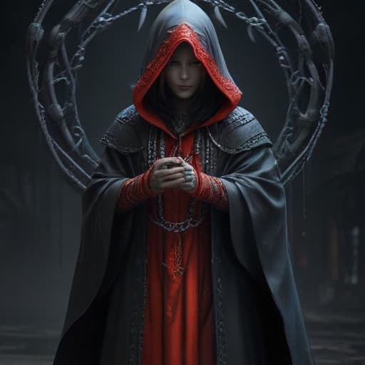 In the digital art style of Akina Fujiwara, create an image of a mysterious figure in a dark cloak surrounded by swirling chains. The figure's eyes glow ominously as they manipulate the chains with a flick of their hand. The chains seem to have a mind of their own, twisting and turning in intricate patterns. The background is shrouded in shadows, adding to the eerie atmosphere. This figure exudes power and control, ready to disrupt any chain of events with their influence. fantastical creatures or characters inspired by mythology, folklore, or popular culture. use vibrant colors, sharp lines, intricate details, dynamic poses, dramatic lighting, atmospheric backgrounds, and blend anime, manga, and Western comic influences.