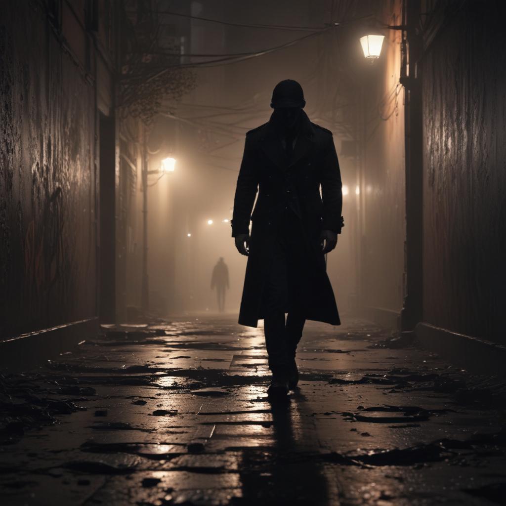 ((masterpiece)),(((best quality))), 8k, high detailed, ultra detailed, a shadowy figure in a dimly lit alley, (dark urban environment), blood splatters on the ground, (fog creeping in), eerie shadows on the walls, a flickering streetlight illuminating the scene hyperrealistic, full body, detailed clothing, highly detailed, cinematic lighting, stunningly beautiful, intricate, sharp focus, f/1. 8, 85mm, (centered image composition), (professionally color graded), ((bright soft diffused light)), volumetric fog, trending on instagram, trending on tumblr, HDR 4K, 8K