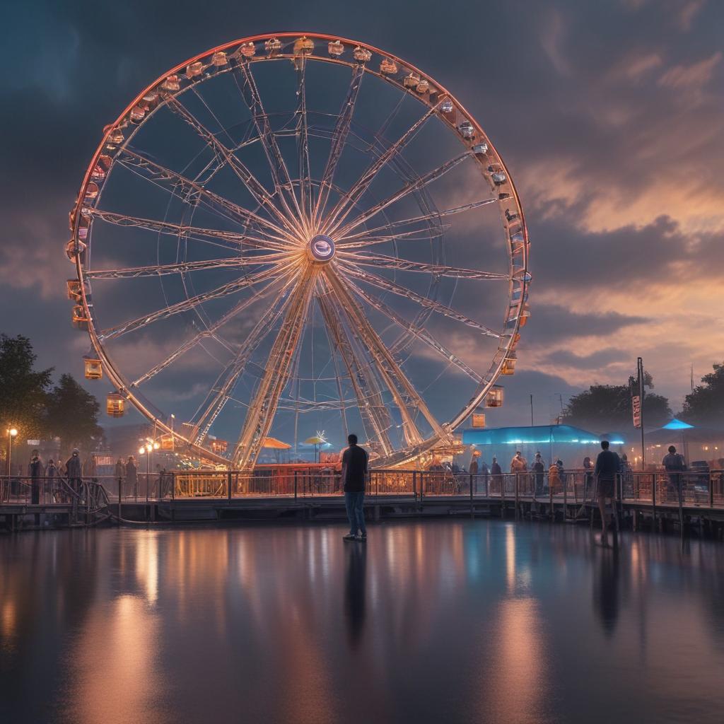 ((masterpiece)),(((best quality))), 8k, high detailed, ultra detailed, (tempozan ferris wheel), surrounded by a vibrant amusement park, (colorful lights reflecting on water), people enjoying the view, (blue sky with fluffy clouds), (sunset casting warm hues), soft golden lighting hyperrealistic, full body, detailed clothing, highly detailed, cinematic lighting, stunningly beautiful, intricate, sharp focus, f/1. 8, 85mm, (centered image composition), (professionally color graded), ((bright soft diffused light)), volumetric fog, trending on instagram, trending on tumblr, HDR 4K, 8K