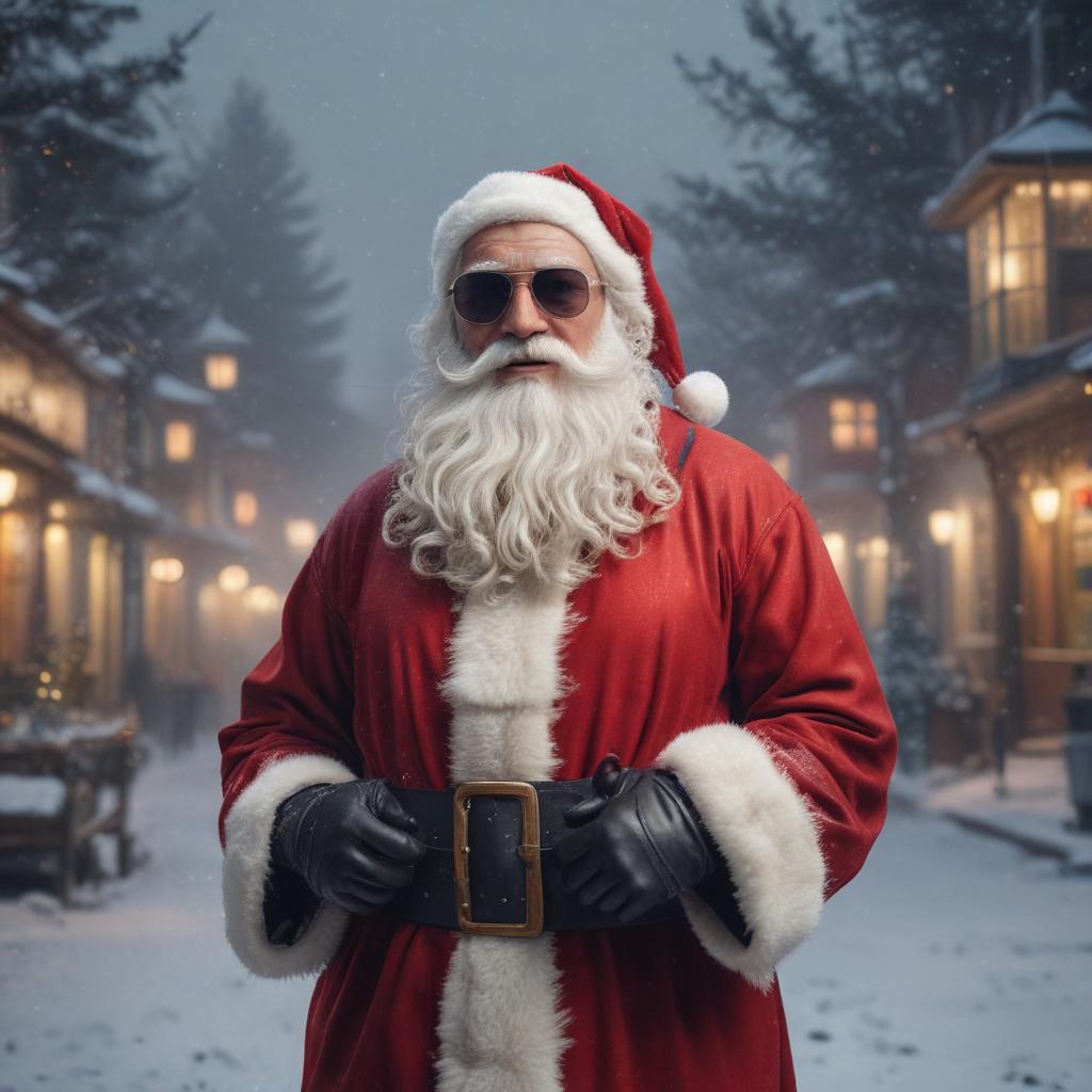 ((masterpiece)),(((best quality))), 8k, high detailed, ultra detailed, (a stylish santa claus), wearing ((sunglasses)), modern design, (snowy background), twinkling fairy lights, festive decorations, snowflakes gently falling hyperrealistic, full body, detailed clothing, highly detailed, cinematic lighting, stunningly beautiful, intricate, sharp focus, f/1. 8, 85mm, (centered image composition), (professionally color graded), ((bright soft diffused light)), volumetric fog, trending on instagram, trending on tumblr, HDR 4K, 8K