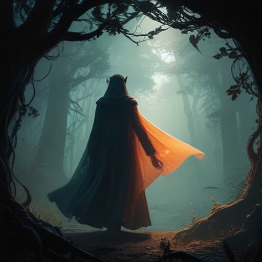 In a mystical forest at twilight, a shadowy figure emerges from the darkness, illuminated by a soft glow. The figure is cloaked in a billowing cape adorned with intricate runes and symbols. Wisps of dark energy swirl around them, crackling with power. In the background, ancient ruins peek out from the tangled undergrowth, hinting at a forgotten history. The air is heavy with magic, and a sense of foreboding hangs in the air. fantastical creatures or characters inspired by mythology, folklore, or popular culture. use vibrant colors, sharp lines, intricate details, dynamic poses, dramatic lighting, atmospheric backgrounds, and blend anime, manga, and Western comic influences.