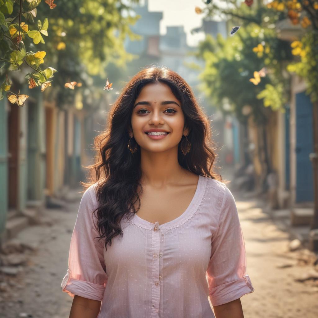 ((masterpiece)),(((best quality))), 8k, high detailed, ultra detailed, a young successful south indian telugu woman radiating positivity, ((lively expression)), (wavy hair), wearing trendy casual attire, (urban background), surrounded by butterflies, soft pastel colors enhancing the cheerful atmosphere hyperrealistic, full body, detailed clothing, highly detailed, cinematic lighting, stunningly beautiful, intricate, sharp focus, f/1. 8, 85mm, (centered image composition), (professionally color graded), ((bright soft diffused light)), volumetric fog, trending on instagram, trending on tumblr, HDR 4K, 8K