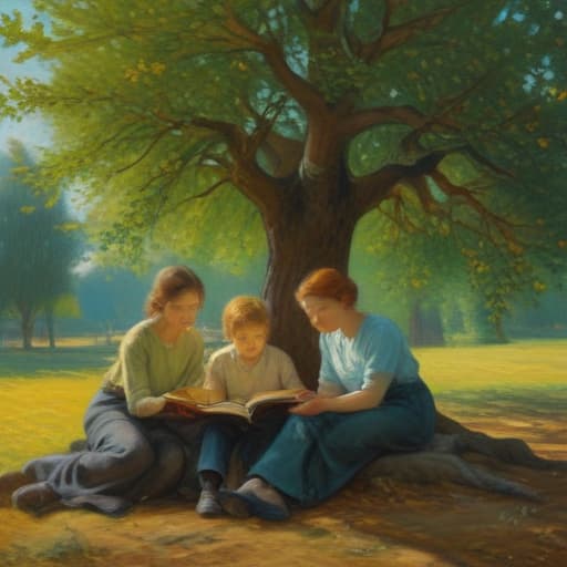 (Parents with 3 children reading books under a tree), oil painting, highly detailed, 4k, high quality, by Vincent Van Gogh