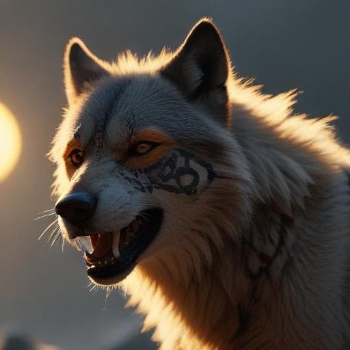 Show me an angry wolf's head with a sun in the background and runes alongside the sun and the wolf has an eyepatch and the whole thing has a viking aesthetic hyperrealistic, full body, detailed clothing, highly detailed, cinematic lighting, stunningly beautiful, intricate, sharp focus, f/1. 8, 85mm, (centered image composition), (professionally color graded), ((bright soft diffused light)), volumetric fog, trending on instagram, trending on tumblr, HDR 4K, 8K