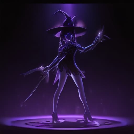 In a dimly lit chamber, a mysterious figure emerges from the shadows. Wearing a sleek black outfit adorned with intricate runes, the Wicked Magician Girl exudes an aura of dark magic. Her piercing purple eyes glow with power, and her long black hair flows like liquid shadows. In her hand, she holds a staff crackling with dark energy. Behind her, the silhouette of Dark Magician Girl can be seen, merging with her own shadow. The air around her shimmers with magic, ready to unleash her powerful abilities. fantastical creatures or characters inspired by mythology, folklore, or popular culture. use vibrant colors, sharp lines, intricate details, dynamic poses, dramatic lighting, atmospheric backgrounds, and blend anime, manga, and Western comic 