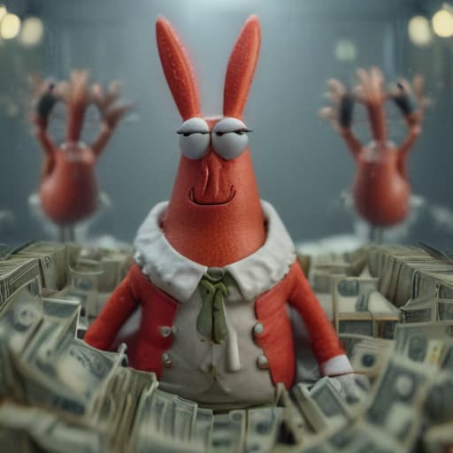 mr krabs with a lot of money hyperrealistic, full body, detailed clothing, highly detailed, cinematic lighting, stunningly beautiful, intricate, sharp focus, f/1. 8, 85mm, (centered image composition), (professionally color graded), ((bright soft diffused light)), volumetric fog, trending on instagram, trending on tumblr, HDR 4K, 8K