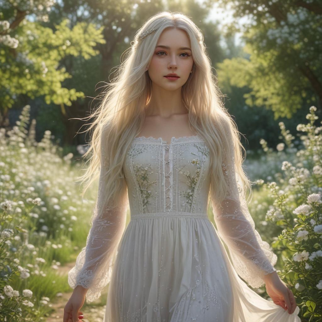 ((masterpiece)),(((best quality))), 8k, high detailed, ultra detailed, a girl with white skin, ((long flowing hair)), wearing a delicate dress, (a field of flowers around her), (soft pastel colors), (gentle sunlight filtering through the trees), (a dreamy atmosphere) hyperrealistic, full body, detailed clothing, highly detailed, cinematic lighting, stunningly beautiful, intricate, sharp focus, f/1. 8, 85mm, (centered image composition), (professionally color graded), ((bright soft diffused light)), volumetric fog, trending on instagram, trending on tumblr, HDR 4K, 8K