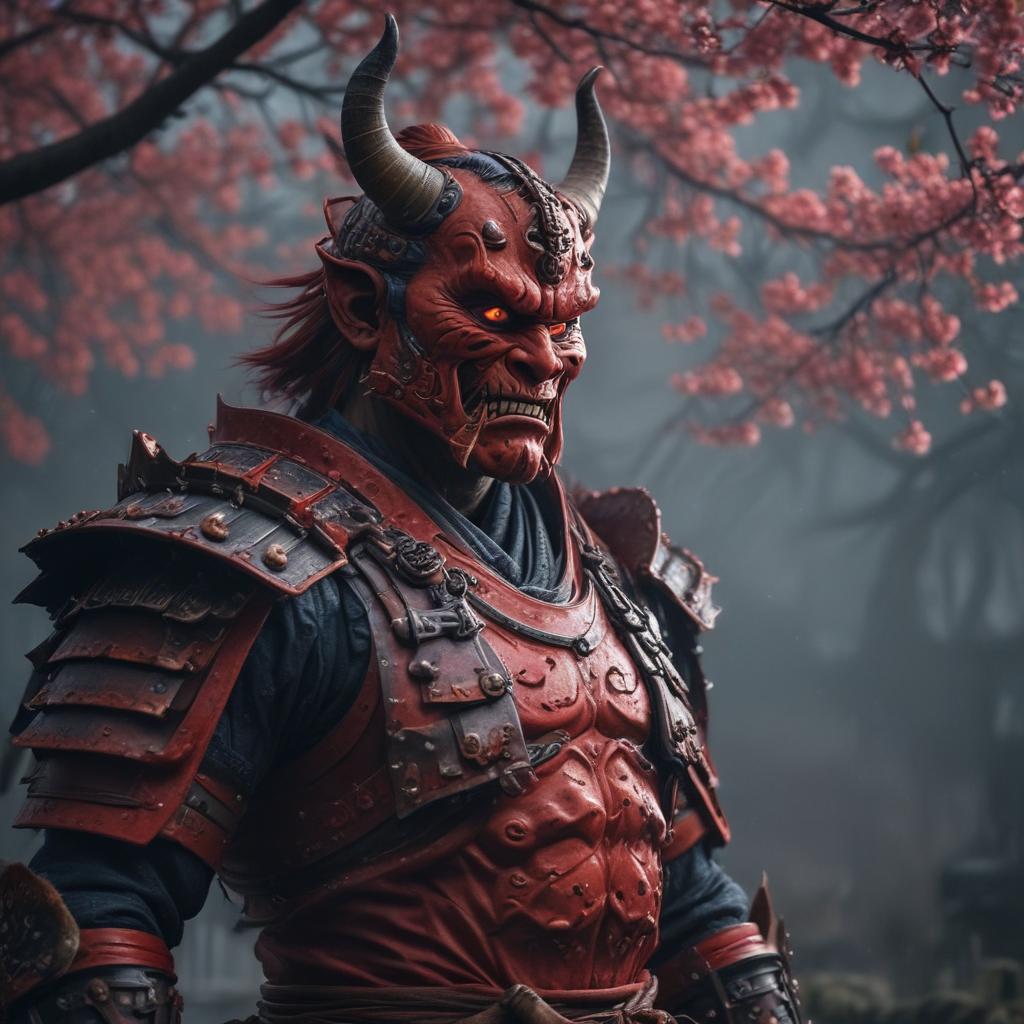 ((masterpiece)),(((best quality))), 8k, high detailed, ultra detailed, (a fierce oni), ((red skin)), glaring, (traditional japanese armor), surrounded by (swirling mist), (full moon in the background), ominous shadows, (cherry blossom trees), night lighting hyperrealistic, full body, detailed clothing, highly detailed, cinematic lighting, stunningly beautiful, intricate, sharp focus, f/1. 8, 85mm, (centered image composition), (professionally color graded), ((bright soft diffused light)), volumetric fog, trending on instagram, trending on tumblr, HDR 4K, 8K