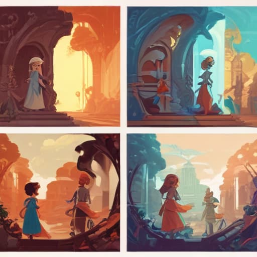 illustration, (Triplicity of motion through phases in the elements of four), Disney animation style, 2D