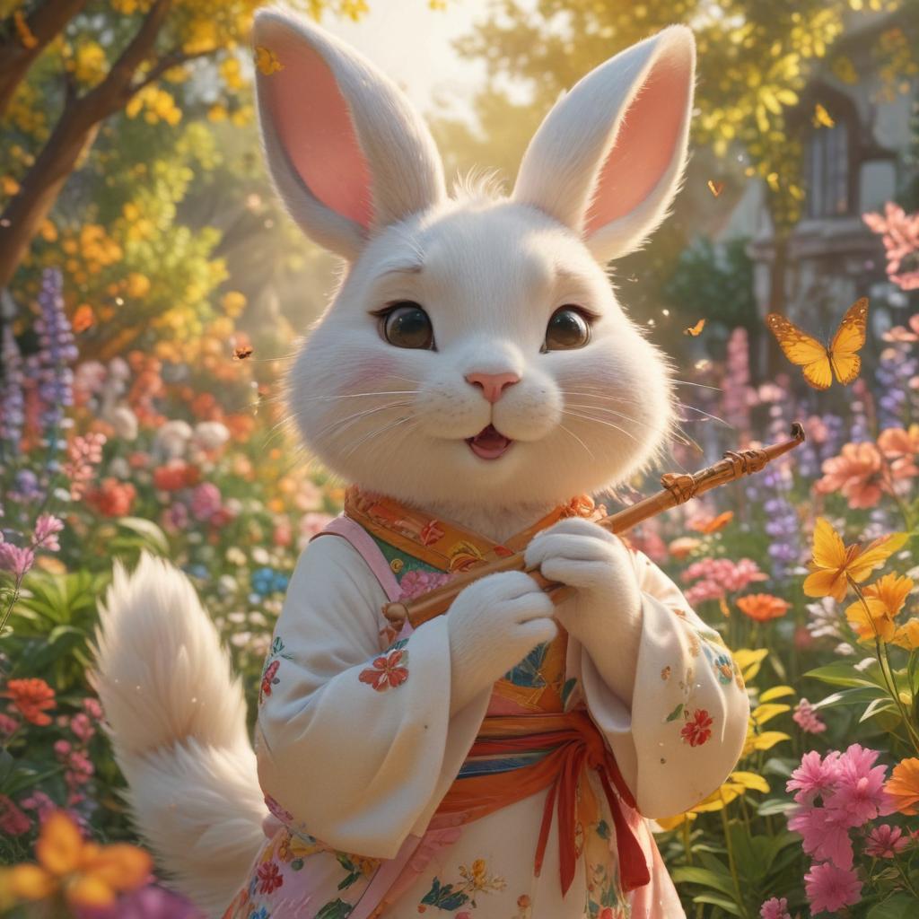 ((masterpiece)),(((best quality))), 8k, high detailed, ultra detailed, a cheerful cartoon usagi blowing a flute, ((long fluffy ears)), surrounded by (colorful butterflies), (a vibrant garden scene), blooming flowers in various colors, soft shadows, warm golden light hyperrealistic, full body, detailed clothing, highly detailed, cinematic lighting, stunningly beautiful, intricate, sharp focus, f/1. 8, 85mm, (centered image composition), (professionally color graded), ((bright soft diffused light)), volumetric fog, trending on instagram, trending on tumblr, HDR 4K, 8K