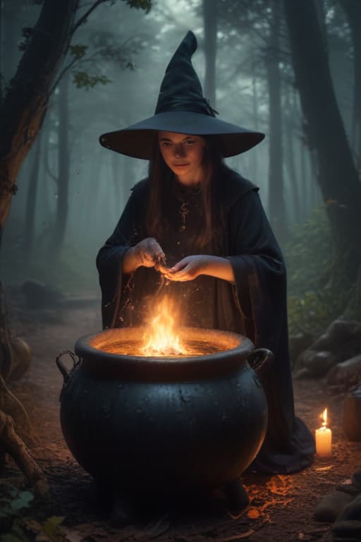 A witch stirring a bubbling cauldron in the middle of a spooky forest, with glowing potions and black cats circling around.