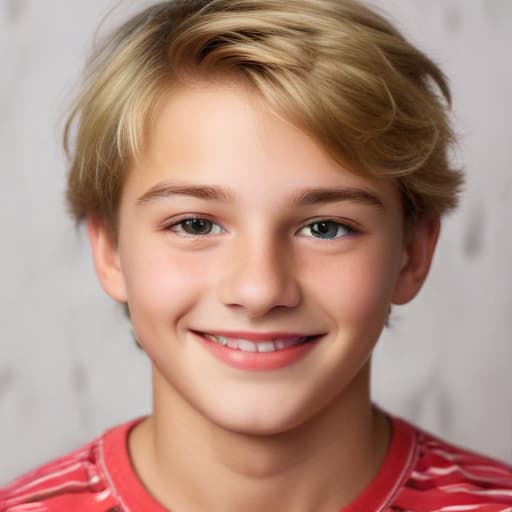 Create an image of a Blond 14 year old boy with darkish brown eyes with a Lithuanian nose not blushing but smiling