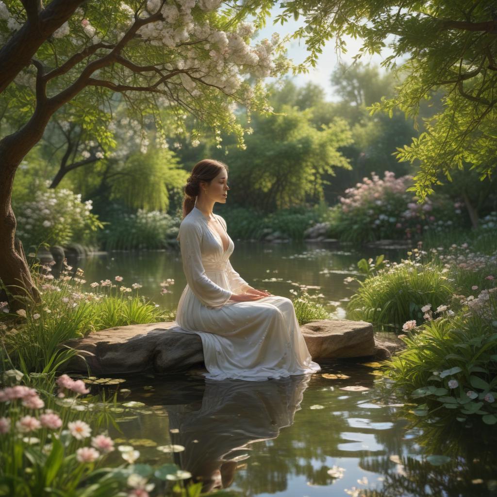 ((masterpiece)),(((best quality))), 8k, high detailed, ultra detailed, a woman meditating in a serene garden, ((long flowing dress)), surrounded by blooming flowers, (a gentle breeze rustling the leaves), sunlight dappled through trees, (a small pond reflecting the sky), birds perched on nearby branches hyperrealistic, full body, detailed clothing, highly detailed, cinematic lighting, stunningly beautiful, intricate, sharp focus, f/1. 8, 85mm, (centered image composition), (professionally color graded), ((bright soft diffused light)), volumetric fog, trending on instagram, trending on tumblr, HDR 4K, 8K