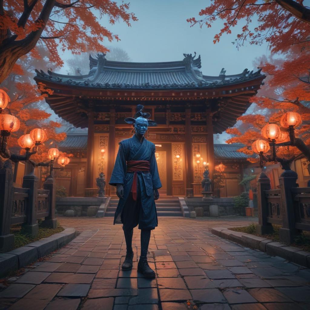 ((masterpiece)),(((best quality))), 8k, high detailed, ultra detailed, (a playful oni), ((blue skin)), laughing, (japanese temple in the background), colorful lanterns, (fireflies dancing around), vibrant colors, warm lighting hyperrealistic, full body, detailed clothing, highly detailed, cinematic lighting, stunningly beautiful, intricate, sharp focus, f/1. 8, 85mm, (centered image composition), (professionally color graded), ((bright soft diffused light)), volumetric fog, trending on instagram, trending on tumblr, HDR 4K, 8K