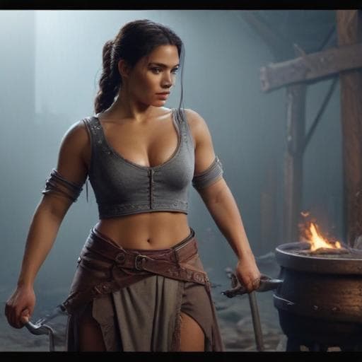 Fantasy Latina with big muscles and revealing clothing working as a medieval blacksmith. hyperrealistic, full body, detailed clothing, highly detailed, cinematic lighting, stunningly beautiful, intricate, sharp focus, f/1. 8, 85mm, (centered image composition), (professionally color graded), ((bright soft diffused light)), volumetric fog, trending on instagram, trending on tumblr, HDR 4K, 8K