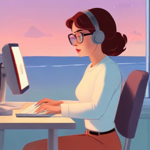 Woman typing on computer, aesthetic, cartoon