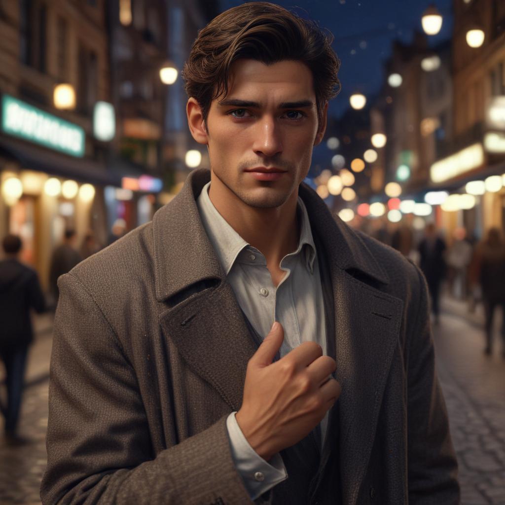 ((masterpiece)),(((best quality))), 8k, high detailed, ultra detailed, a man with an enigmatic expression, ((187 cm tall)), ((delicate fingers)), (intense gaze), (urban street setting), (bokeh lights in the background), soft evening light hyperrealistic, full body, detailed clothing, highly detailed, cinematic lighting, stunningly beautiful, intricate, sharp focus, f/1. 8, 85mm, (centered image composition), (professionally color graded), ((bright soft diffused light)), volumetric fog, trending on instagram, trending on tumblr, HDR 4K, 8K