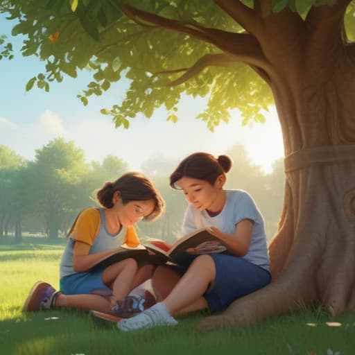 illustration, (Parents and 3 kids reading books under a tree), Disney animation style, 2D