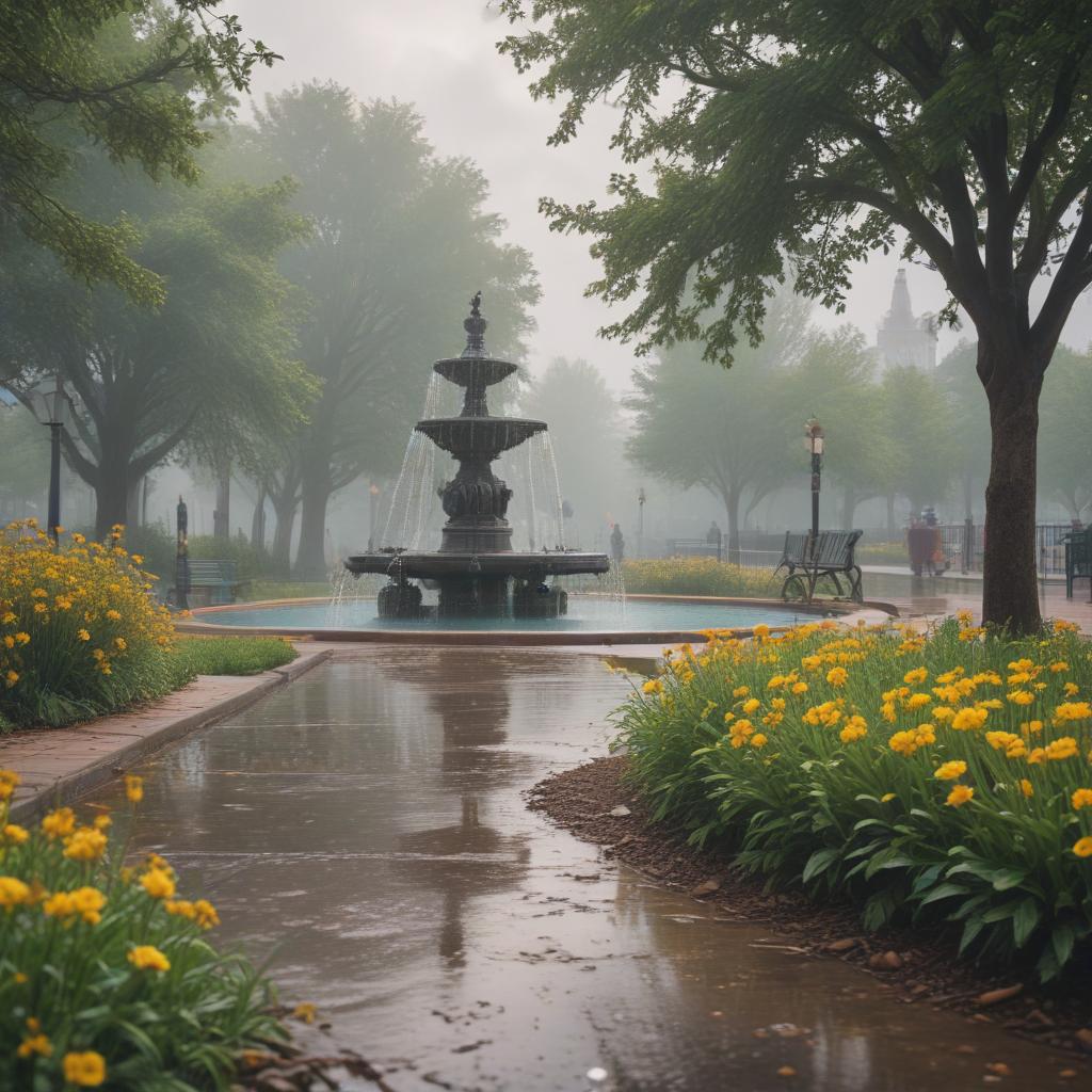 ((masterpiece)),(((best quality))), 8k, high detailed, ultra detailed, (fire hydrant cleaning schedule example), a city park, (vibrant flowers in bloom), (children playing nearby), (a fountain in the background), newspaper on a bench, (clouds drifting above), greens and yellows in the foreground hyperrealistic, full body, detailed clothing, highly detailed, cinematic lighting, stunningly beautiful, intricate, sharp focus, f/1. 8, 85mm, (centered image composition), (professionally color graded), ((bright soft diffused light)), volumetric fog, trending on instagram, trending on tumblr, HDR 4K, 8K