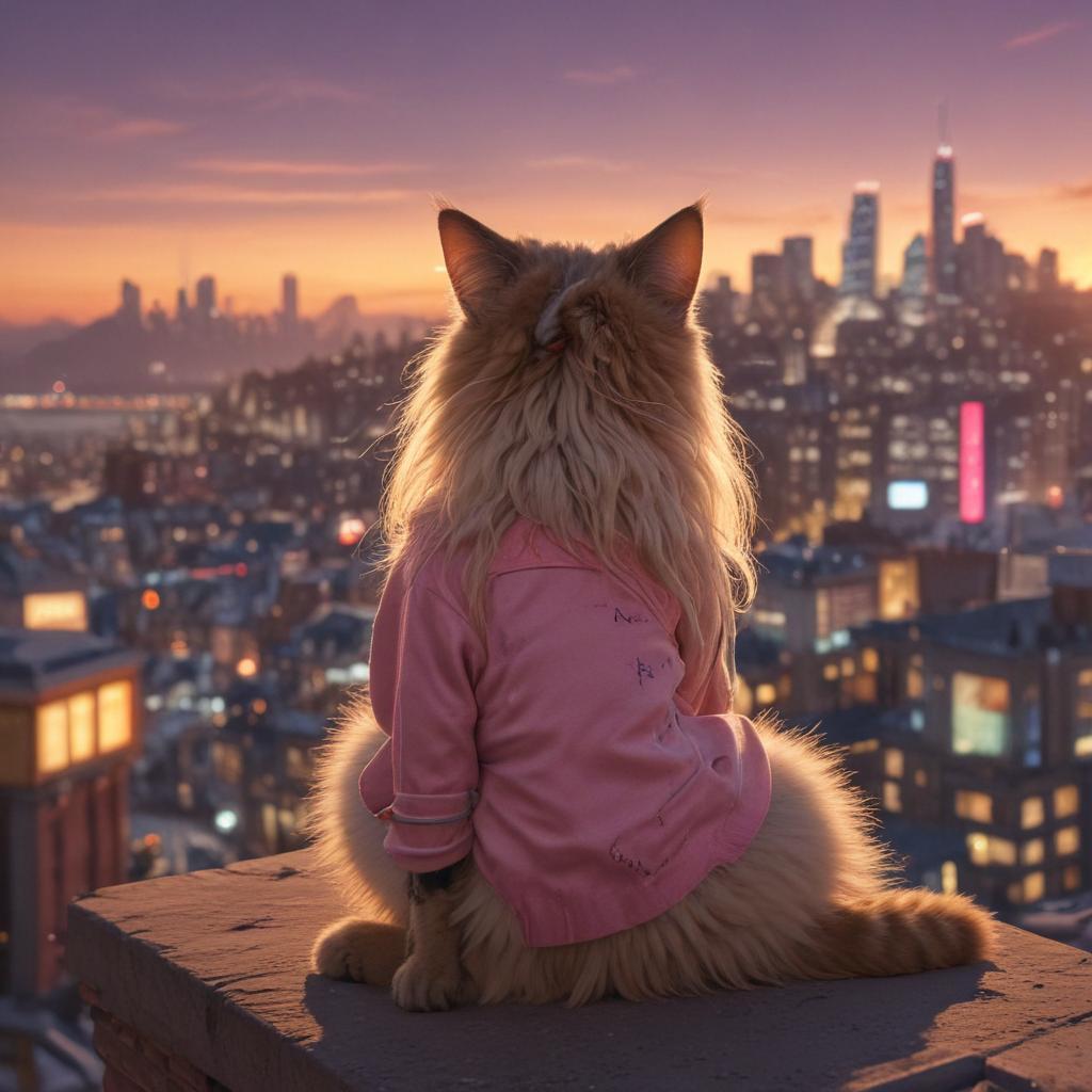 ((masterpiece)),(((best quality))), 8k, high detailed, ultra detailed, a cat eared girl sitting on a rooftop, ((long flowing hair)), wearing a stylish outfit, (city skyline at sunset), soft pastel colors, (glowing neon signs), warm ambient light hyperrealistic, full body, detailed clothing, highly detailed, cinematic lighting, stunningly beautiful, intricate, sharp focus, f/1. 8, 85mm, (centered image composition), (professionally color graded), ((bright soft diffused light)), volumetric fog, trending on instagram, trending on tumblr, HDR 4K, 8K