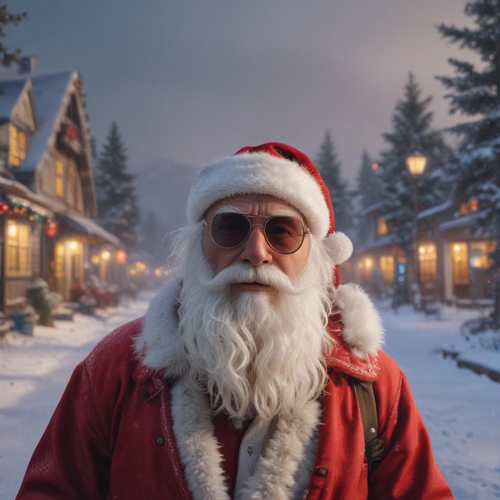 ((masterpiece)),(((best quality))), 8k, high detailed, ultra detailed, a cool santa claus character, ((wearing sunglasses)), (modern twist), (snowy landscape), festive decorations around, ((colorful ornaments)), (twinkling lights), ((snowflakes falling)), (warm glow from lights) hyperrealistic, full body, detailed clothing, highly detailed, cinematic lighting, stunningly beautiful, intricate, sharp focus, f/1. 8, 85mm, (centered image composition), (professionally color graded), ((bright soft diffused light)), volumetric fog, trending on instagram, trending on tumblr, HDR 4K, 8K