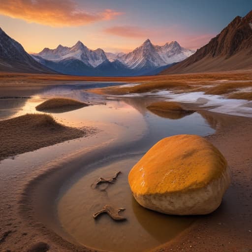 A shimmering landscape unfolds, where golden grains of sand glisten under the warm embrace of the sun, each particle reflecting light like tiny jewels scattered across the earth. In the foreground, a rugged, weathered pickaxe leans against a large boulder, its surface marred by years of toil, while a sturdy leather satchel rests nearby, filled with glistening nuggets of gold, their surfaces polished to perfection. In the background, a majestic mountain range looms, its peaks dusted with snow, contrasting sharply with the deep, rich hues of the surrounding earth. Below, a winding river snakes through the valley, its waters sparkling like liquid silver, mirroring the vibrant hues of the sunset that paints the sky in shades of orange and pur