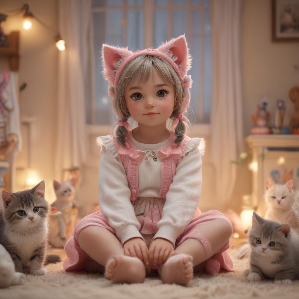 ((masterpiece)),(((best quality))), 8k, high detailed, ultra detailed, a cat eared girl, ((adorable cat ears)), wearing a cute outfit, (sitting in a cozy room), surrounded by (toys and small kittens), soft lighting, pastel colors, whimsical atmosphere. hyperrealistic, full body, detailed clothing, highly detailed, cinematic lighting, stunningly beautiful, intricate, sharp focus, f/1. 8, 85mm, (centered image composition), (professionally color graded), ((bright soft diffused light)), volumetric fog, trending on instagram, trending on tumblr, HDR 4K, 8K