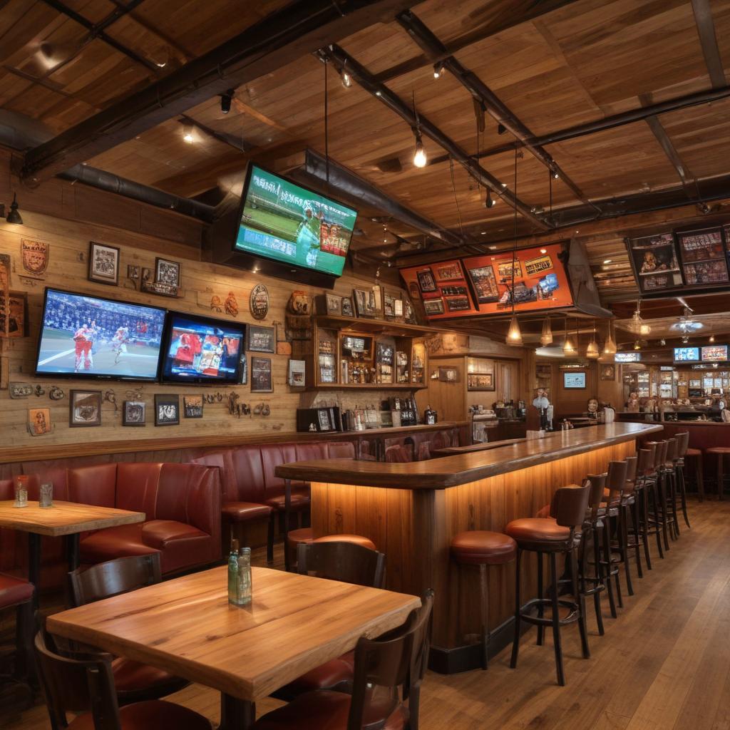 Create a vibrant, high-definition, photorealistic image of a bustling sports bar in Kentucky. Capture the excitement of fans cheering energetically during a Premier League match displayed on multiple large screens. Incorporate details like team jerseys, scarves, and hats worn by the fans. Add a few individuals focused on their smartphones, checking betting apps, contributing to the dynamic atmosphere. Emphasize the warm lighting, wooden interiors, and memorabilia that enhance the authentic sports bar experience.