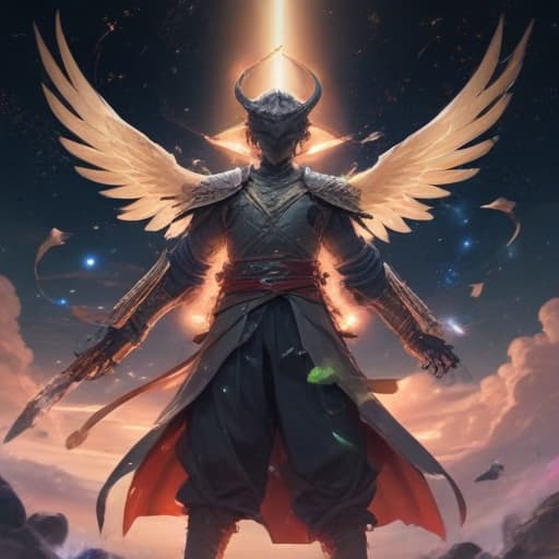 In the digital art style of Akina Fujiwara, create an image of a majestic and powerful celestial being known as Shinato, Rey de un Plano Superior. The creature should have angelic wings, glowing with a soft light, and be surrounded by a halo of energy. It is adorned in intricate armor and wields a celestial sword. The background should depict a heavenly realm, with stars and constellations shining brightly. Show Shinato in the midst of battle, destroying a monster in Defense Position with a powerful strike. The scene should convey a sense of divine power and grace. fantastical creatures or characters inspired by mythology, folklore, or popular culture. use vibrant colors, sharp lines, intricate details, dynamic poses, dramatic lighting, atm