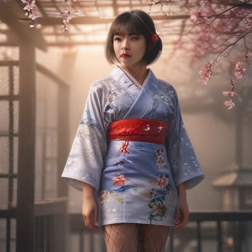 Draw me a Japanese girl in a yukata and fishnet tights. hyperrealistic, full body, detailed clothing, highly detailed, cinematic lighting, stunningly beautiful, intricate, sharp focus, f/1. 8, 85mm, (centered image composition), (professionally color graded), ((bright soft diffused light)), volumetric fog, trending on instagram, trending on tumblr, HDR 4K, 8K