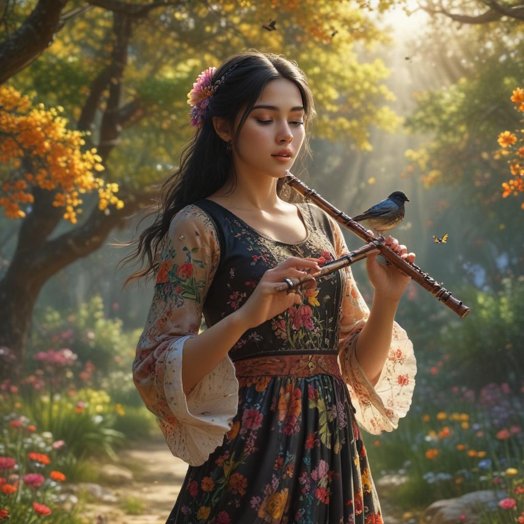 ((masterpiece)),(((best quality))), 8k, high detailed, ultra detailed, a girl playing a flute, ((black hair)), wearing a flowing dress, (colorful flowers around), (soft sunlight filtering through trees), birds flying in the background, vibrant colors, serene atmosphere hyperrealistic, full body, detailed clothing, highly detailed, cinematic lighting, stunningly beautiful, intricate, sharp focus, f/1. 8, 85mm, (centered image composition), (professionally color graded), ((bright soft diffused light)), volumetric fog, trending on instagram, trending on tumblr, HDR 4K, 8K